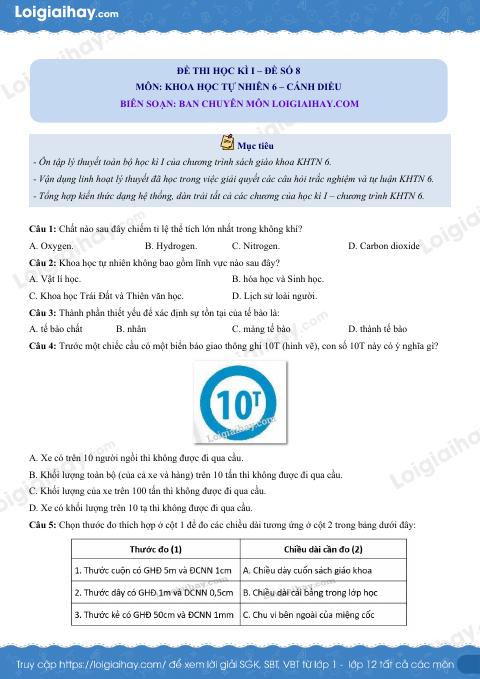 Đề thi học kì 1 KHTN 6 - Cánh diều - Đề số 8